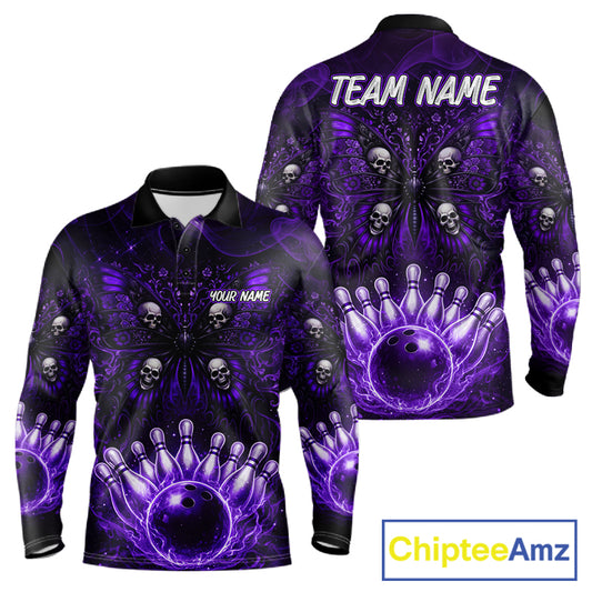 Personalized Black & Purple bowling jersey Butterfly skull Bowling Team Shirts, bowling gifts for men NQS11367