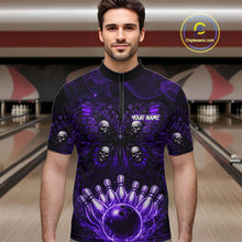 Load image into Gallery viewer, Personalized Black &amp; Purple bowling jersey Butterfly skull Bowling Team Shirts, bowling gifts for men NQS11367
