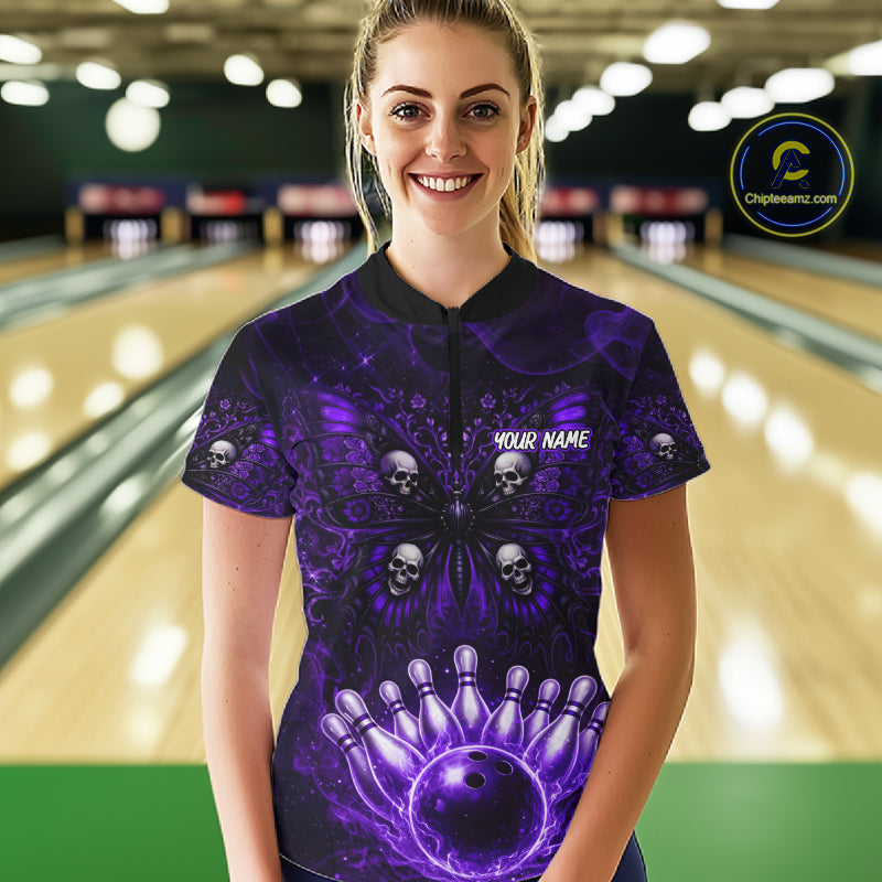Custom Black & Purple bowling jersey Butterfly skull Bowling Team Shirts, bowling attire for women NQS11367