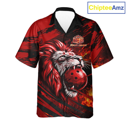Black and Red Lion Bowling Hawaiian Jersey, Lion Bowling Team League button-up shirts NQS11572