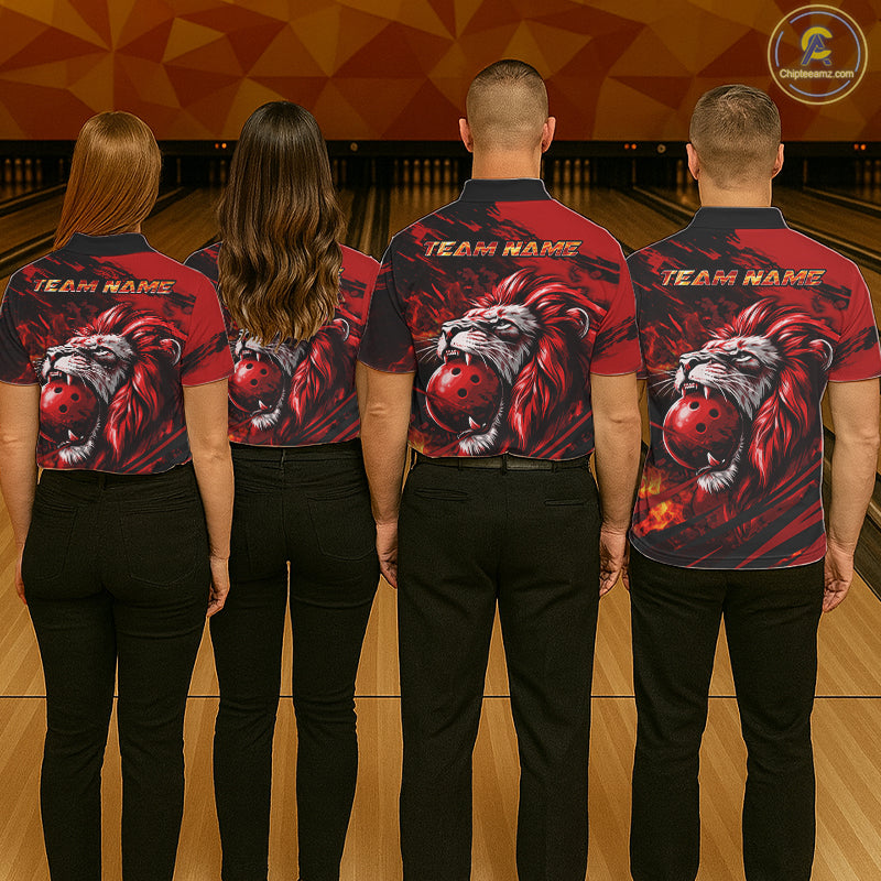 Black and Red Lion Bowling Polo, 1/4 Zip Jersey for Men, Lion Bowling Team League shirts NQS11572