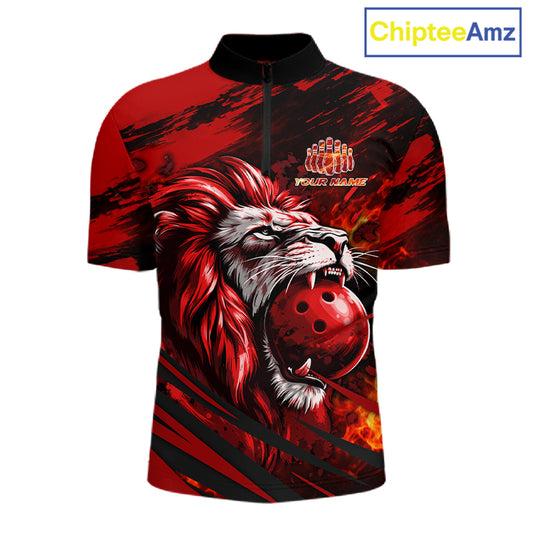 Black and Red Lion Bowling Polo, 1/4 Zip Jersey for Men, Lion Bowling Team League shirts NQS11572
