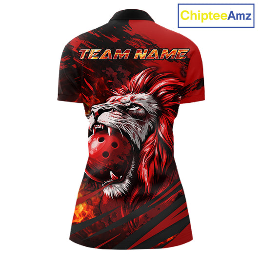 Black and Red Lion Bowling Polo, 1/4 Zip Jersey for Women, Lion Bowling Team League shirts NQS11572