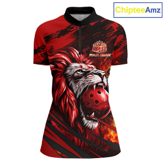 Black and Red Lion Bowling Polo, 1/4 Zip Jersey for Women, Lion Bowling Team League shirts NQS11572