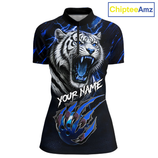 Black & Blue Lightning Thunder Tiger Women Bowling Polo, 1/4 zip shirts custom team Bowling jerseys NQS11575