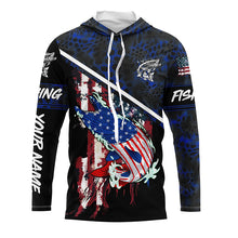Load image into Gallery viewer, American Flag Musky fishing blue camo Custom name long sleeve muskie Fishing Shirts NQS4821