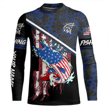 Load image into Gallery viewer, American Flag Musky fishing blue camo Custom name long sleeve muskie Fishing Shirts NQS4821