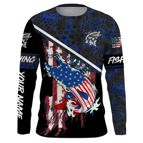 American Flag Musky fishing blue camo Custom name long sleeve muskie Fishing Shirts NQS4821