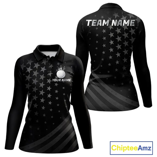 Custom Black American Flag Golf Team Shirts For Women, Personalized patriotic Ladies Golf top NQS11707