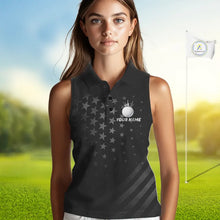 Load image into Gallery viewer, Custom Black American Flag Sleeveless Golf Polo shirt, Personalized patriotic Ladies Golf top NQS11707