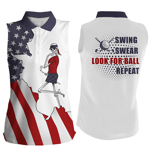 American flag patriotic Womens sleeveless polo shirt golf skull swing swear look for ball repeat NQS5094