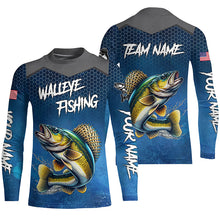 Load image into Gallery viewer, Blue camo Walleye fishing Custom performance long sleeve team Walleye fishing tournament shirts NQS7718