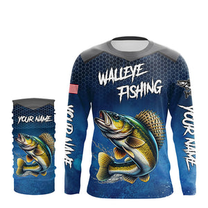 Blue camo Walleye fishing Custom performance long sleeve team Walleye fishing tournament shirts NQS7718