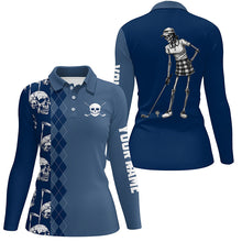 Load image into Gallery viewer, Blue navy skull argyle pattern custom Women golf polo shirts, women&#39;s golf tops NQS7719