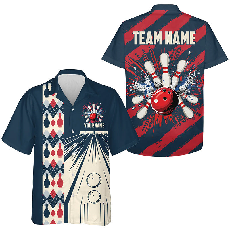 Personalized Red, white and blue Retro Bowling hawaiian shirts, Bowling Team button up shirts NQS7722