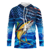 Load image into Gallery viewer, Personalized Tuna Saltwater Blue Camo American flag patriotic Long Sleeve Performance Fishing Shirts NQS5845