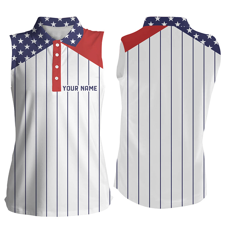 Women sleeveless polo shirt custom red, white and blue American flag patriotic stripes golf attire NQS7970