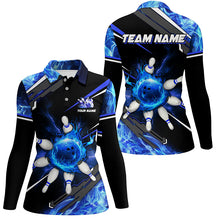 Load image into Gallery viewer, Black and Blue Flame Bowling ball pins Women polo, Quarter zip Shirts Custom team Bowling jerseys NQS7972