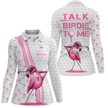 Load image into Gallery viewer, Funny Womens golf polo shirt custom pink and white flamingo golf shirts talk birdie to me NQS8610