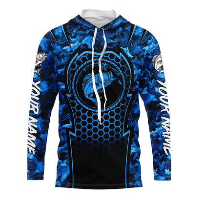 Bass Fishing blue camouflage sun protection Custom name long sleeves fishing shirt for men, women, Kid NQS4253