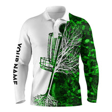 Load image into Gallery viewer, Mens disc golf polo shirt custom name green camo disc golf basket, personalized disc golf shirts NQS4632