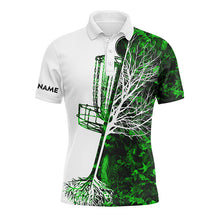 Load image into Gallery viewer, Mens disc golf polo shirt custom name green camo disc golf basket, personalized disc golf shirts NQS4632