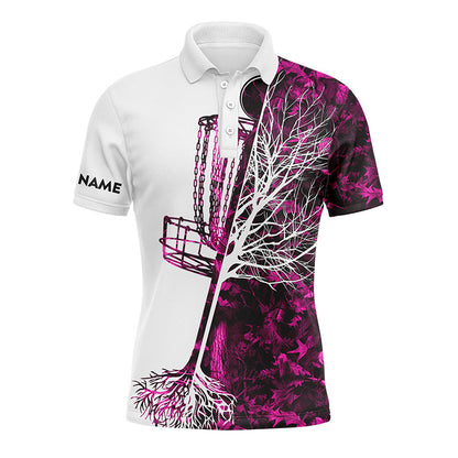 Mens disc golf polo shirt custom name pink camo disc golf basket, personalized disc golf shirts NQS4632