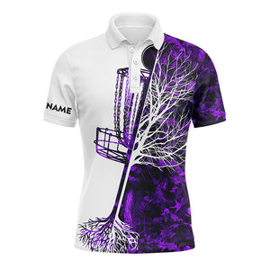 Mens disc golf polo shirt custom purple camo disc golf basket, personalized disc golf shirts NQS4632