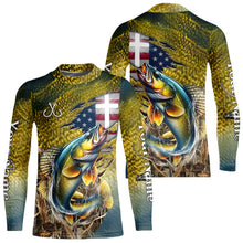 Load image into Gallery viewer, Walleye Fishing Scales Camo American Flag Faith patriotic Custom UV protection long sleeves shirts NQS9310