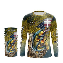 Load image into Gallery viewer, Walleye Fishing Scales Camo American Flag Faith patriotic Custom UV protection long sleeves shirts NQS9310