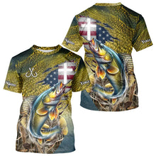 Load image into Gallery viewer, Walleye Fishing Scales Camo American Flag Faith patriotic Custom UV protection long sleeves shirts NQS9310