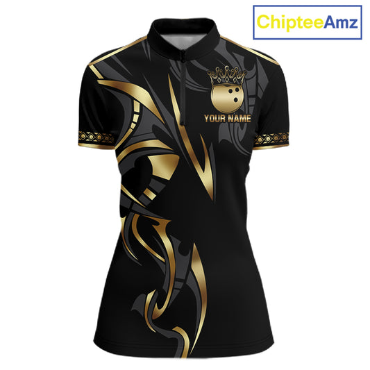 Black and Gold Dragon Bowling ball Polo, Quarter Zip Shirts for Women Custom Bowling Team jerseys NQS11579