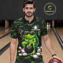 Load image into Gallery viewer, Black &amp; Green Funny Frog Bowling Polo, 1/4 zip Shirts for Men Custom Team Frog Bowling League Jersey NQS11583
