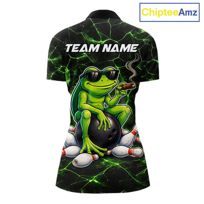 Black & Green Funny Frog Bowling Polo, 1/4 zip Shirt for Women Custom Team Frog Bowling League Jersey NQS11583