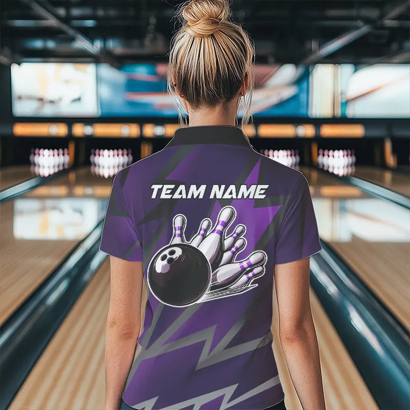 Purple Lightning Thunder Storm Team bowling shirts for women custom bowling Polo, Quarter zip jerseys NQS9625