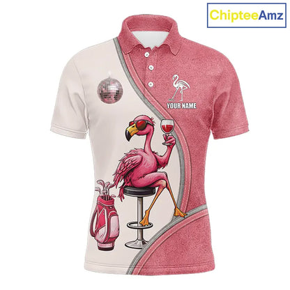 Custom Funny Pink Flamingo Drink Wine Golf Polo Shirts For Men, Flamingo Mens Golf tops NQS11711