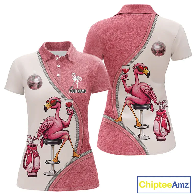 Custom Funny Pink Flamingo Drink Wine Golf Polo Shirts For Women, Flamingo Ladies Golf tops NQS11711
