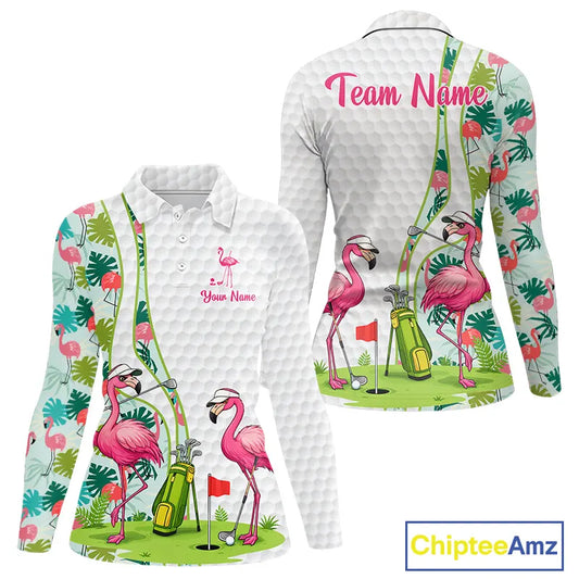 Funny Pink Flamingo Golf polo shirt for Women custom tropical monstera leaf pattern golf shirts NQS11713
