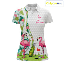 Load image into Gallery viewer, Funny Pink Flamingo Golf polo shirt for Women custom tropical monstera leaf pattern golf shirts NQS11713