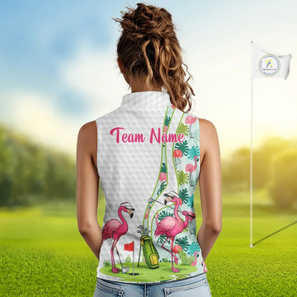 Funny Pink Flamingo Sleeveless Golf polo shirt custom tropical monstera leaf pattern golf shirts NQS11713