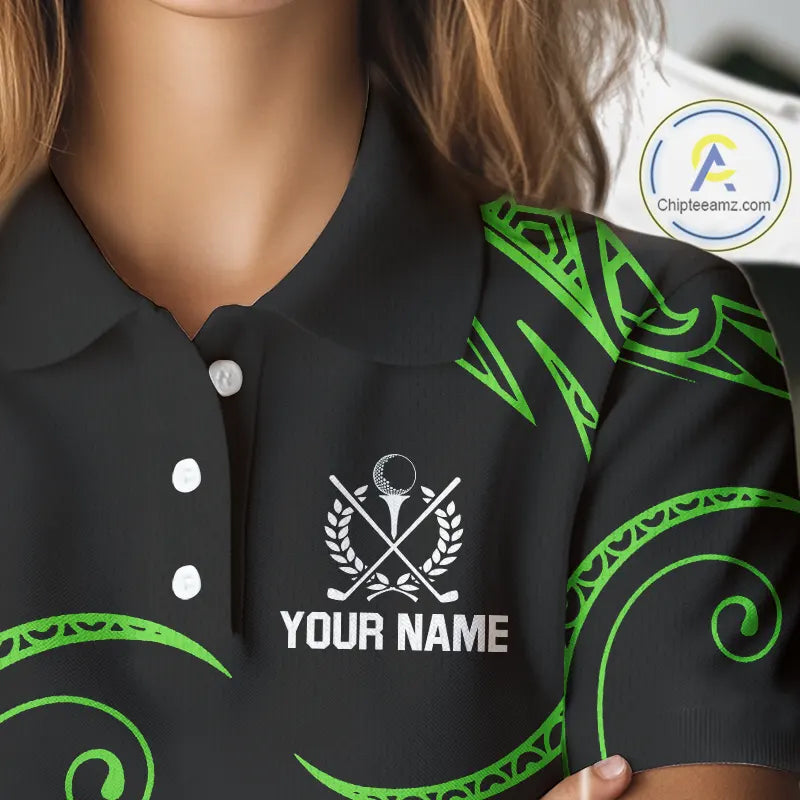 Black and Green Tribal Pattern Golf Ball Women Golf Polo Shirts custom unique ladies golf apparel NQS9820