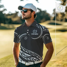Load image into Gallery viewer, Black and White Tribal Pattern Golf Ball Mens Golf Polo Shirts custom unique mens golf apparel NQS9821