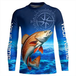 Personalized Redfish red drum Blue Long Sleeve Performance Fishing Shirts, compass tournament Shirt NQS5851