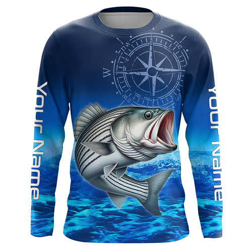 Personalized Striped bass Blue Long Sleeve Performance Fishing Shirt, compass striper tournament Shirt NQS5852