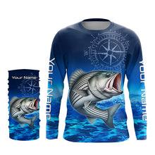 Load image into Gallery viewer, Personalized Striped bass Blue Long Sleeve Performance Fishing Shirt, compass striper tournament Shirt NQS5852