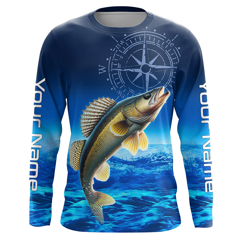 Personalized Walleye Blue Long Sleeve Performance Fishing Shirt, compass Walleye tournament Shirt NQS5853