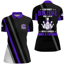 Load image into Gallery viewer, Purple &amp; black Women bowling shirts Custom you won't believe what I can do with 2 fingers and a thumb NQS8839