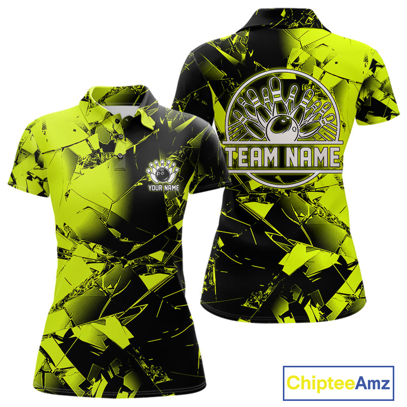Custom Broken Glass Black and Green Neon Bowling Shirts For Women, Bowling Team League Jerseys NQS11174