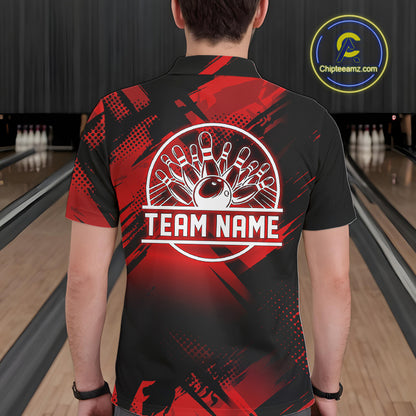 Black and Red Camo Bowling Polo, 1/4 zip Shirts For Men Custom Bowling Team League Jerseys NQS11175