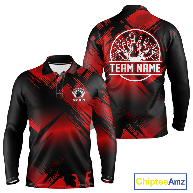 Black and Red Camo Bowling Polo, 1/4 zip Shirts For Men Custom Bowling Team League Jerseys NQS11175